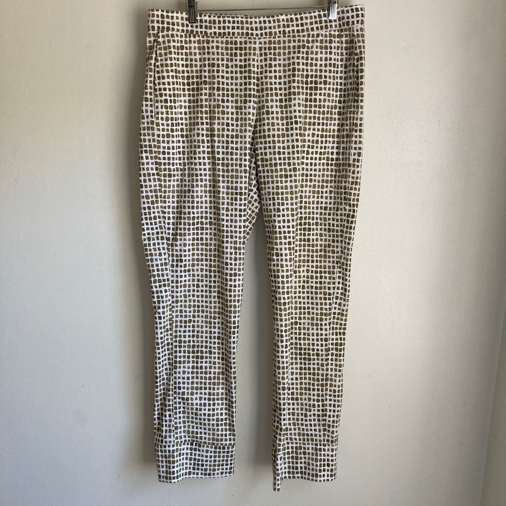 FOIL Olive Green White Grid Print Stretch Cotton Slim Leg Pants Womens Size 12
